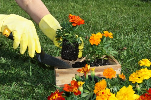 Trained landscapers using PPE during rubbish removal work in Chessington